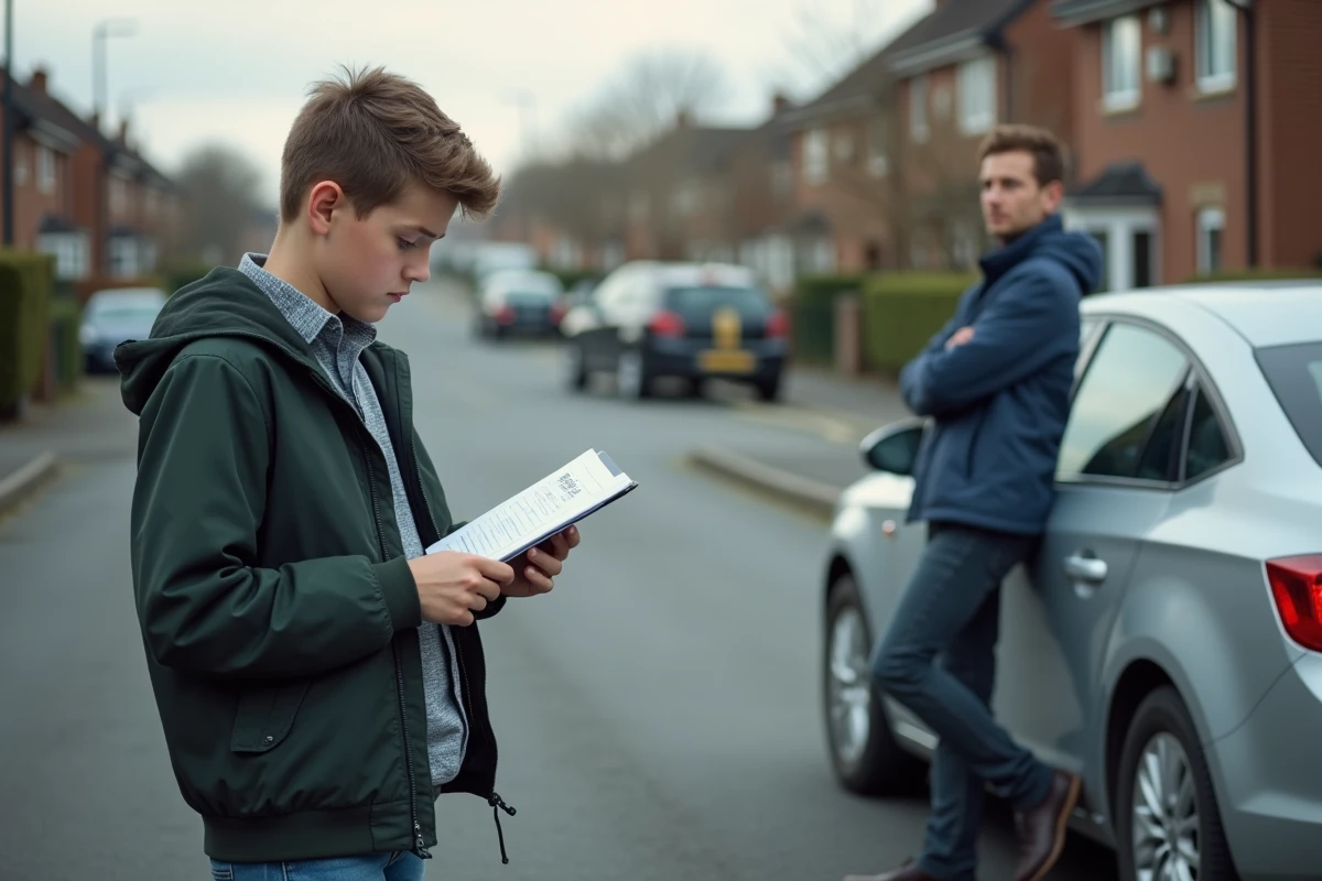 Jeune conducteur en conduite accompagnée consultant son livret d'apprentissage dans un parking résidentiel après une leçon