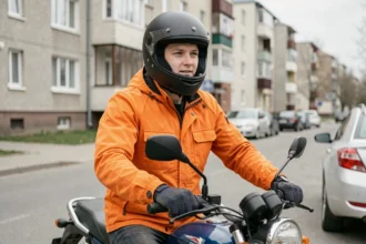 Jeune conducteur de 20 ans en équipement de moto complet assis sur une 125cc dans une rue urbaine