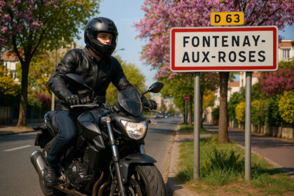 Jeune adulte roulant en moto moderne près de Fontenay aux Roses