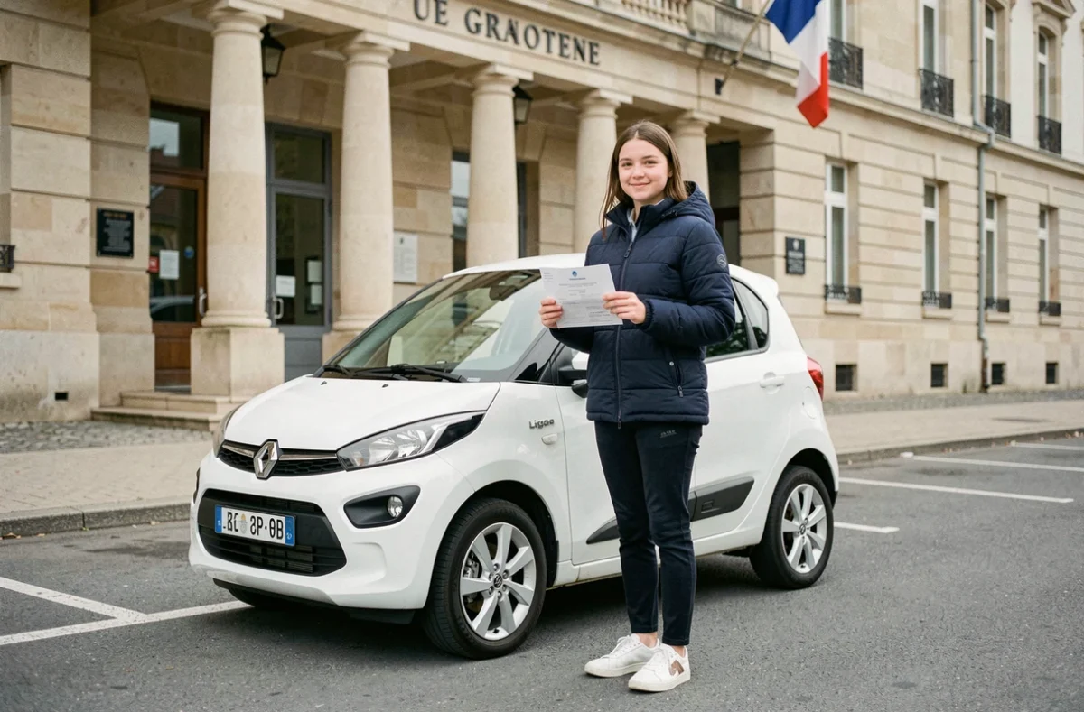 Jeune fille de 16 ans tenant un BSR ou document administratif devant une voiture sans permis blanche garée devant une mairie française