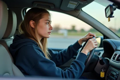 Jeune conductrice en conduite accompagnée au volant d'une voiture, mains bien placées sur le volant lors d'une leçon de conduite