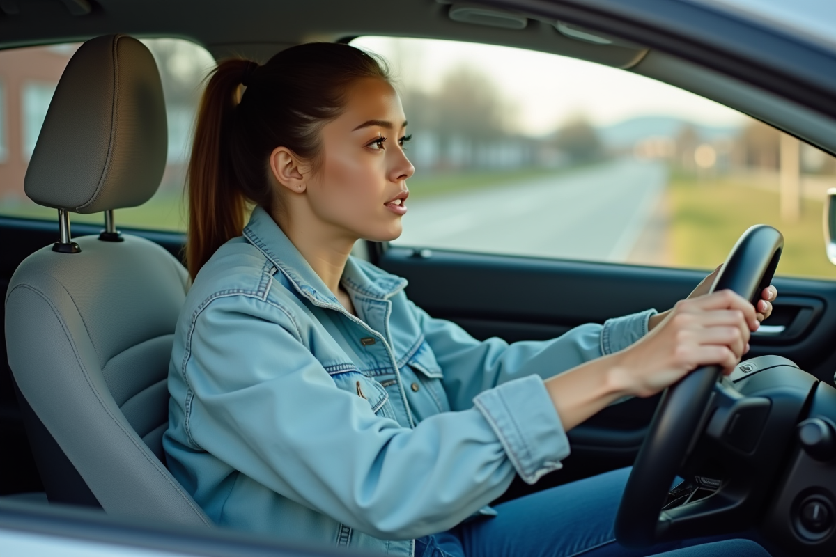 Jeune femme concentrée dans une voiture moderne en conduite