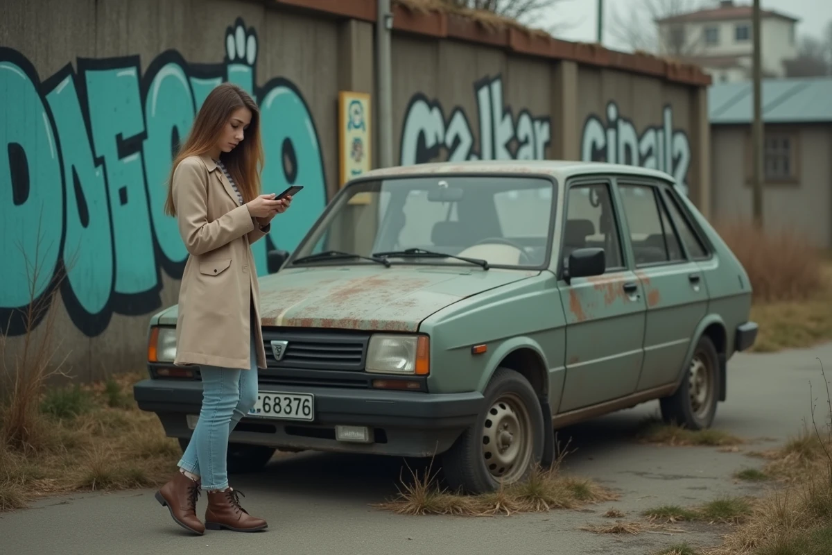Jeune femme regarde une vieille Dacia dans un lot urbain