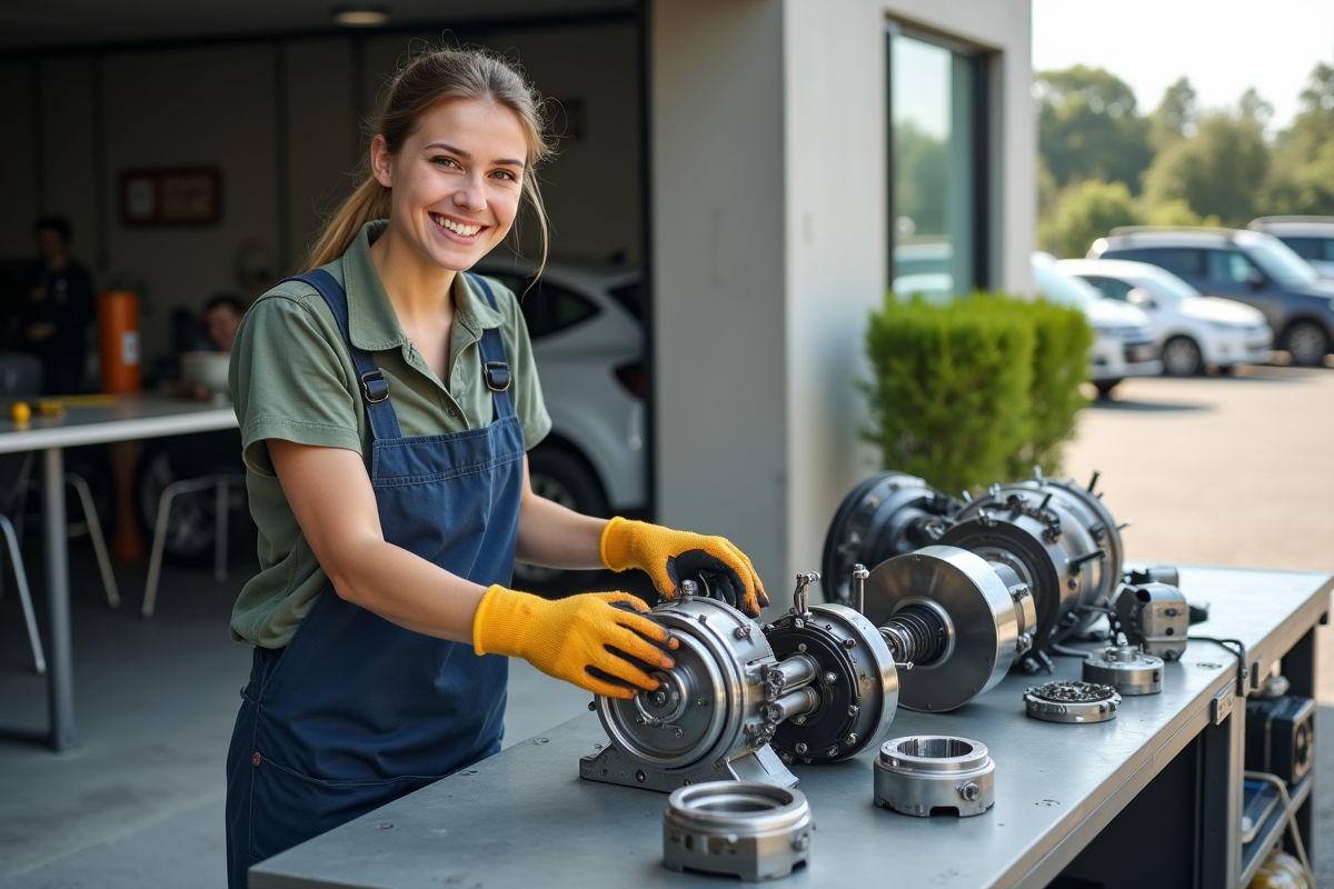Jeune femme ingénieure montrant un moteur électrique démonté