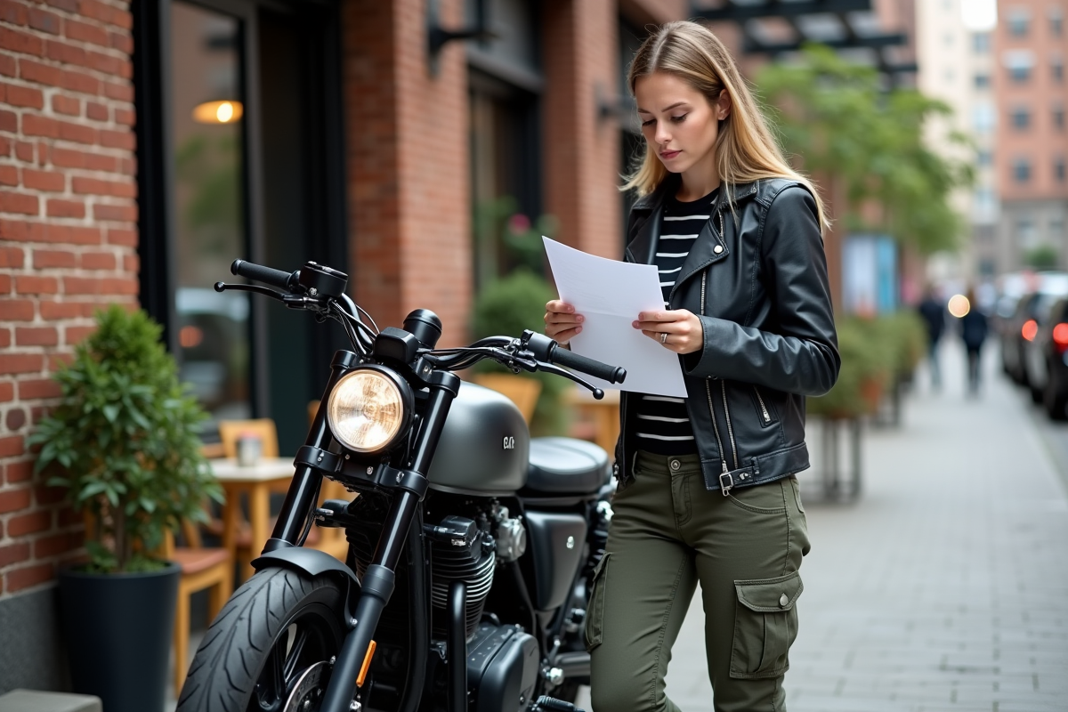 Jeune femme vérifiant ses notes à côté de sa moto en ville