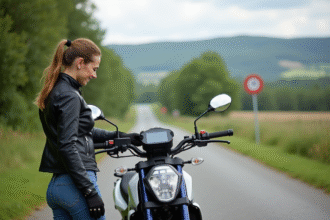 Jeune femme vérifiant le tableau de bord de sa moto électrique en campagne