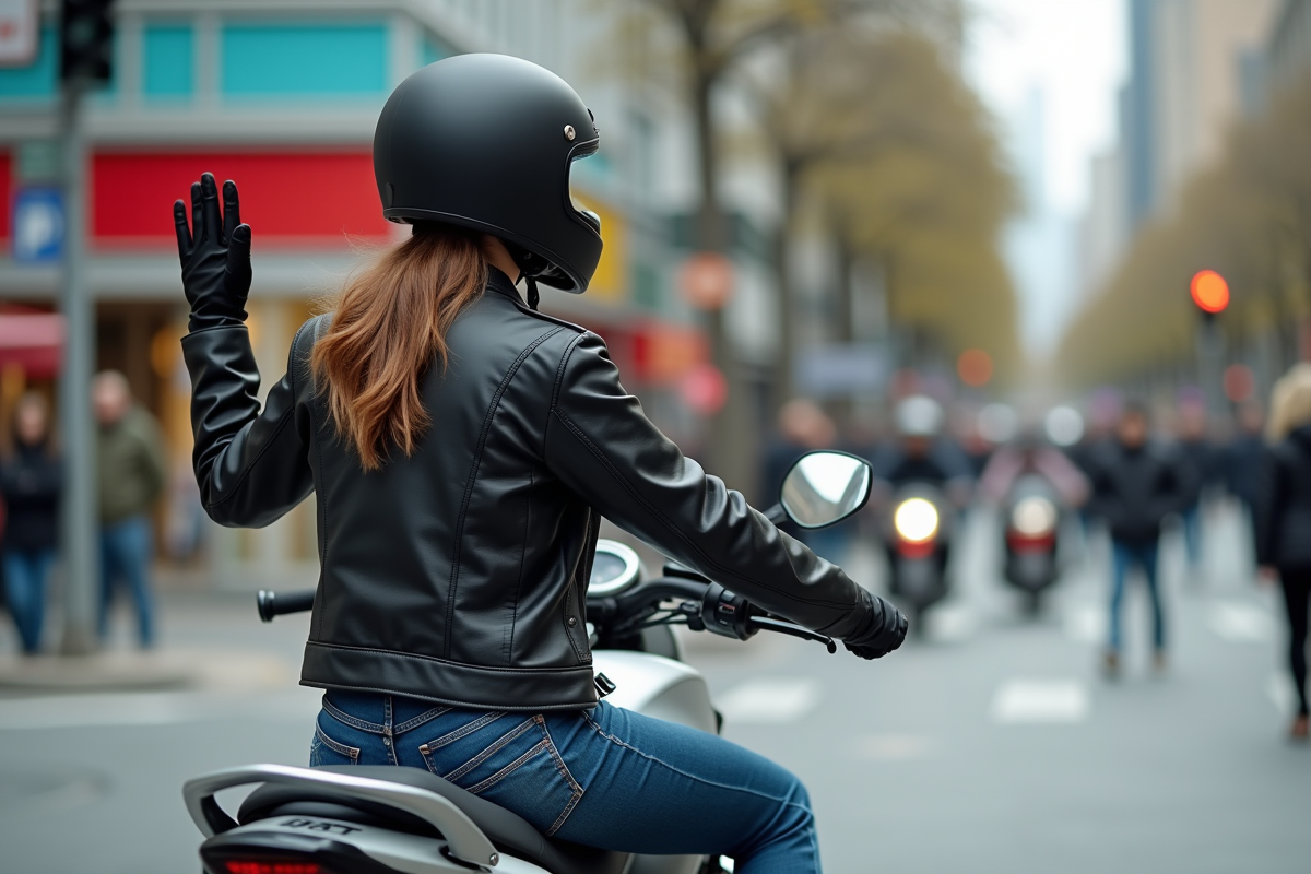 Jeune motarde faisant un signe de la main en ville