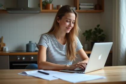 Jeune femme en t-shirt rayé et jeans utilisant son ordinateur avec document permis