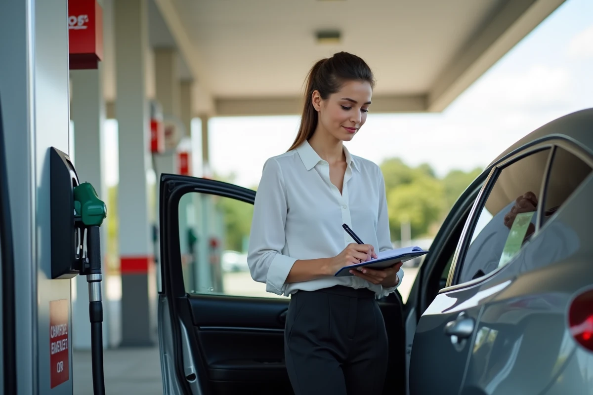 Jeune femme à la station essence notant dans un carnet
