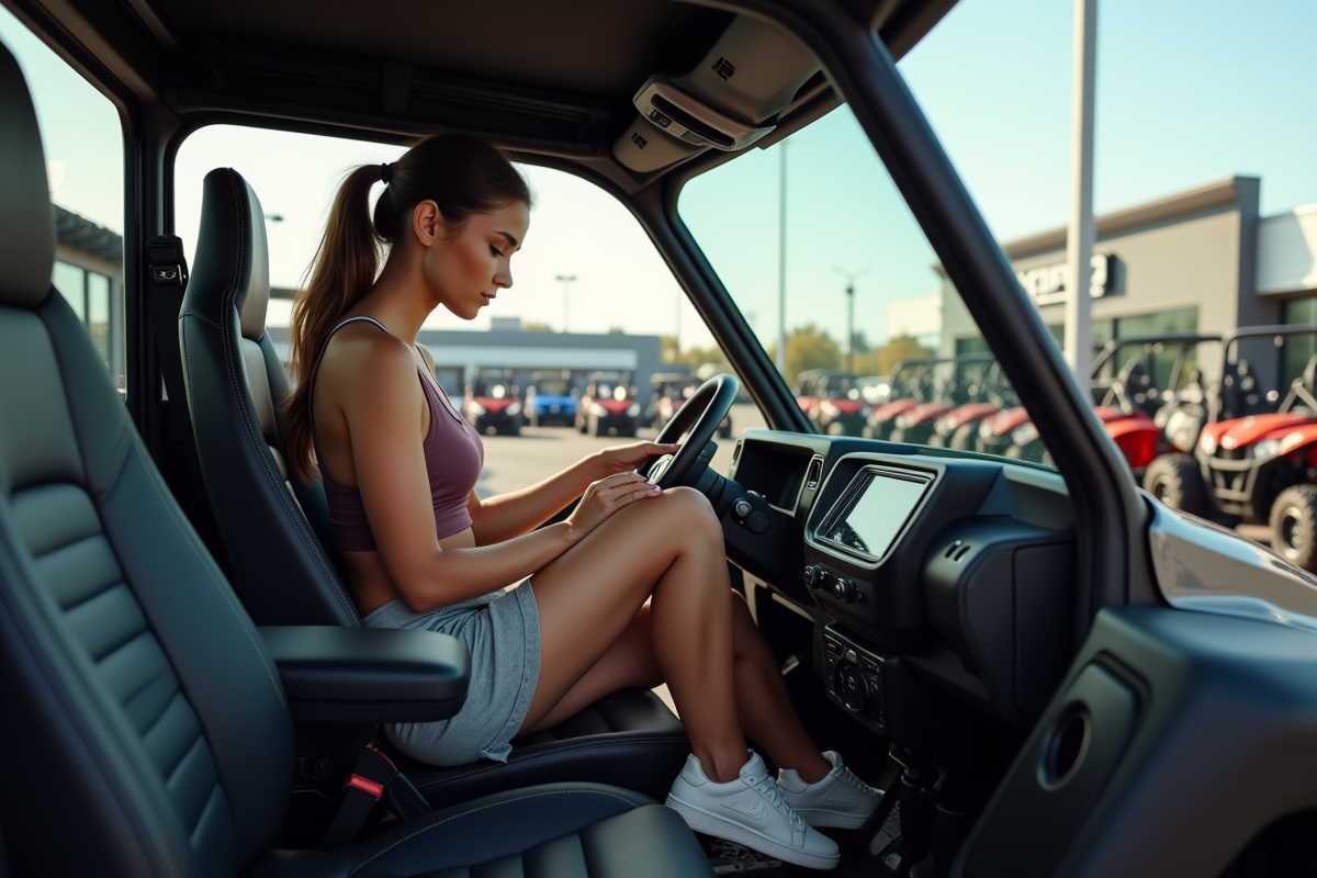 Jeune femme dans un quad haut de gamme regarde un GPS intérieur