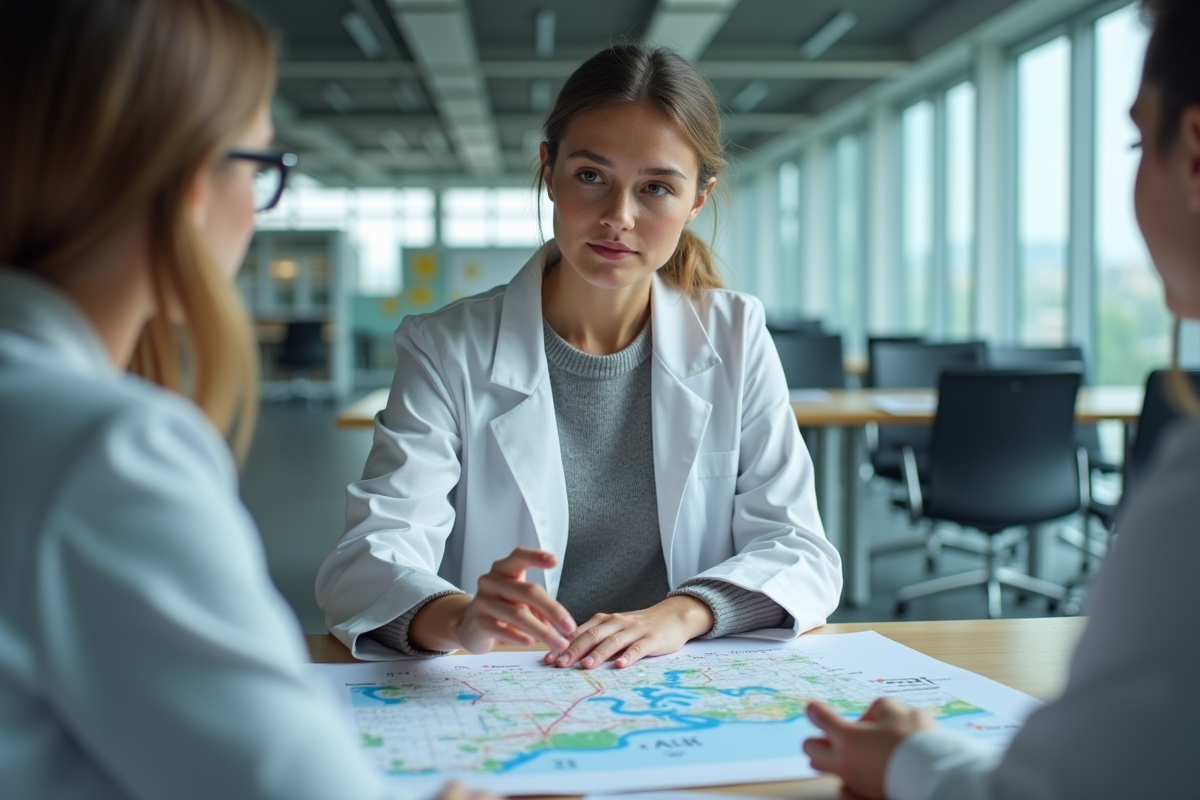 Jeune femme scientifique discutant avec collègues