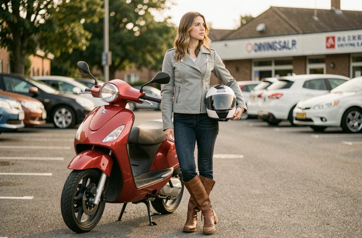 Jeune femme conductrice debout à côté d'un scooter 125cc rouge devant une auto-école