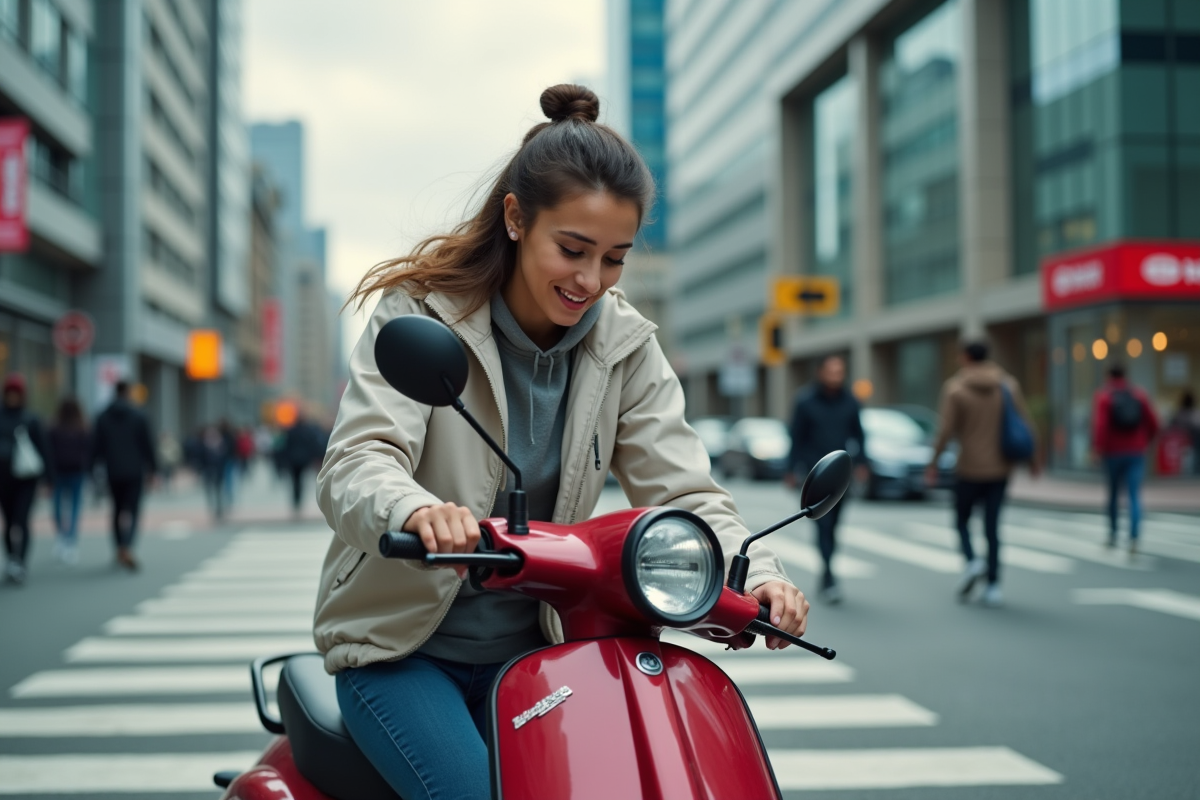 Jeune femme sur son scooter rouge dans une intersection urbaine
