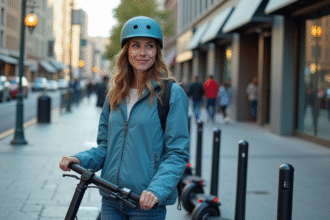Jeune femme en bleu verrouille son scooter électrique en ville