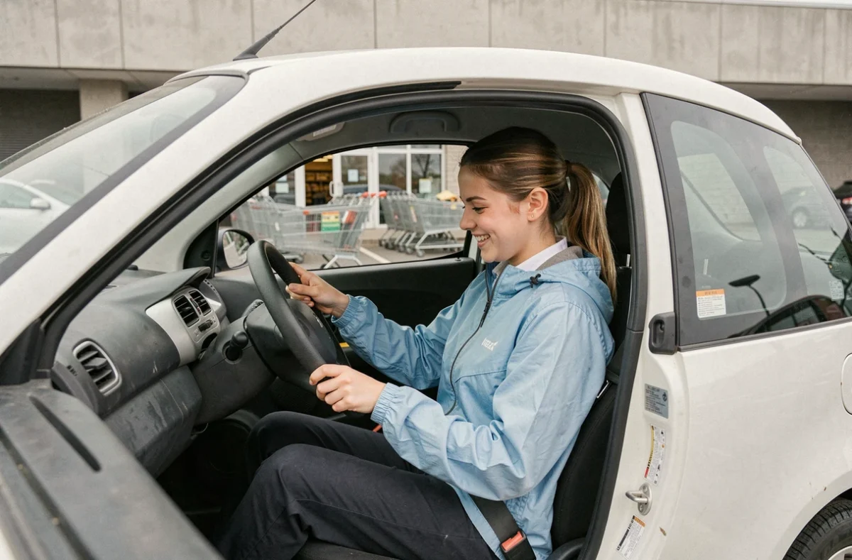 Jeune femme souriante au volant d'une voiture sans permis d'occasion dans un parking de supermarché