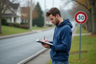 Jeune homme avec carnet à la vitesse 30 mph
