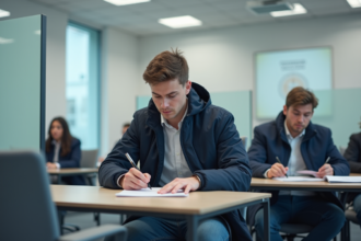 Jeune homme remplissant des papiers dans un centre de formation