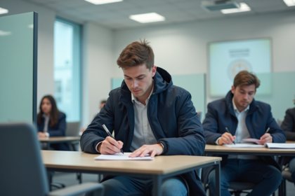 Jeune homme remplissant des papiers dans un centre de formation