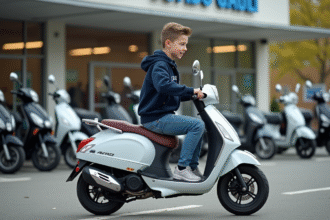 Jeune garçon en jeans et veste assis sur un scooter neuf