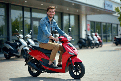 Jeune homme souriant sur une moto rouge neuve