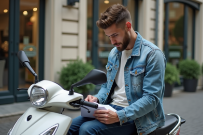 Jeune homme avec scooter et documents à l'extérieur