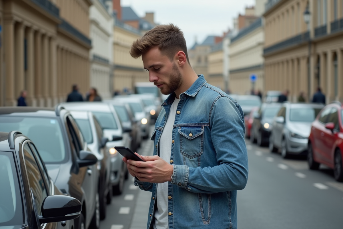 Jeune homme examinant sa contravention devant sa voiture