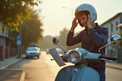 Jeune personne préparant à rouler en scooter avec casque et documents