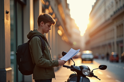 Jeune vérifiant ses papiers à côté d'un scooter à Paris