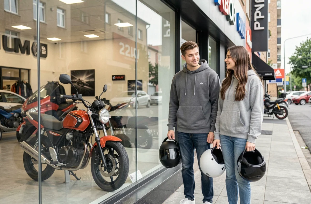 Deux jeunes conducteurs devant une concession moto regardant une 125cc en vitrine