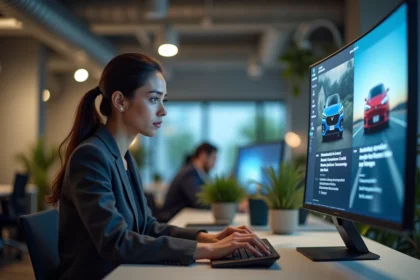 Journaliste automobile féminine consultant des actualités auto sur un écran dans un bureau moderne en 2026
