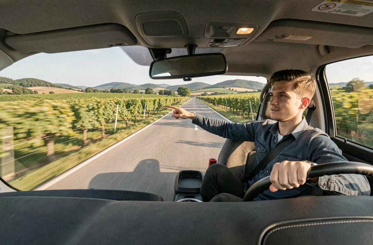 Élève en formation accélérée avec JS Drive Auto Moto Ecole roulant sur une route de campagne de l'Aude entourée de vignes