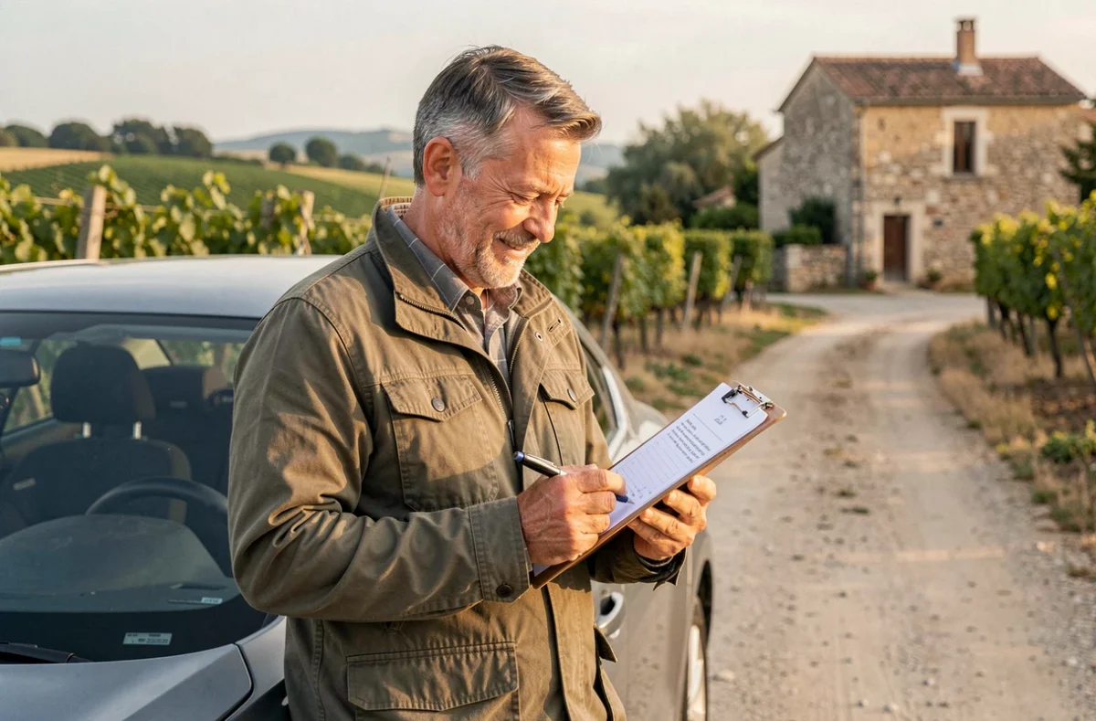 Moniteur indépendant Labadie Jean-Louis appuyé contre son véhicule sur une route de village de l'Aude avec un carnet de notes