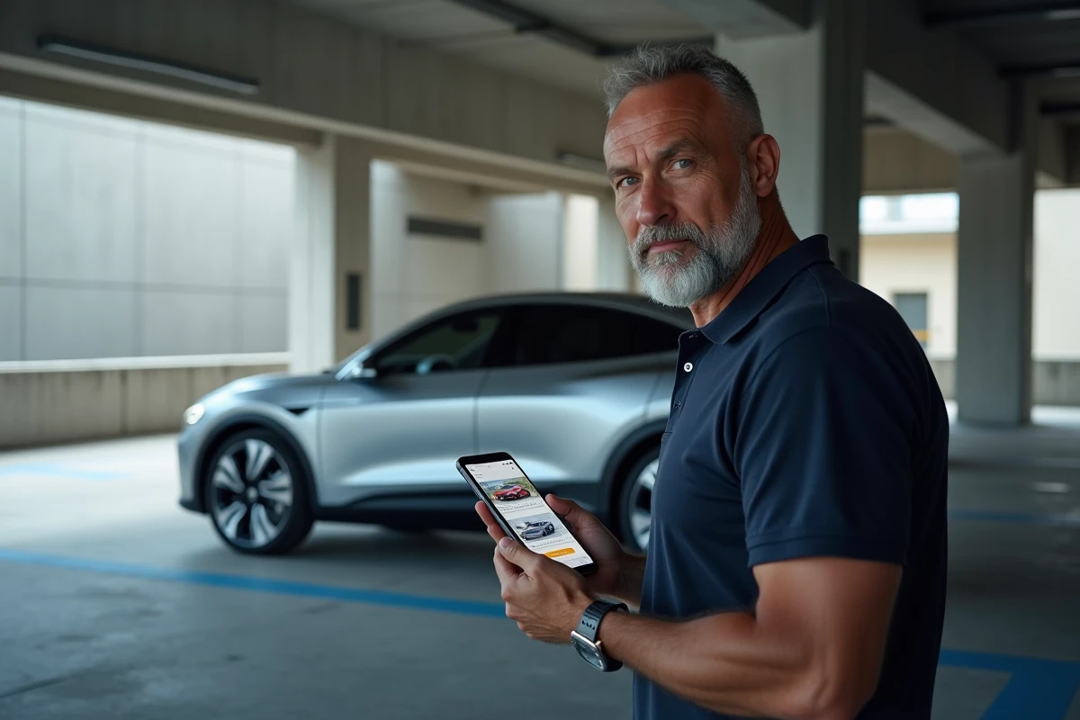 Homme lisant Webcarnews sur smartphone à côté d'un SUV électrique dans un parking urbain