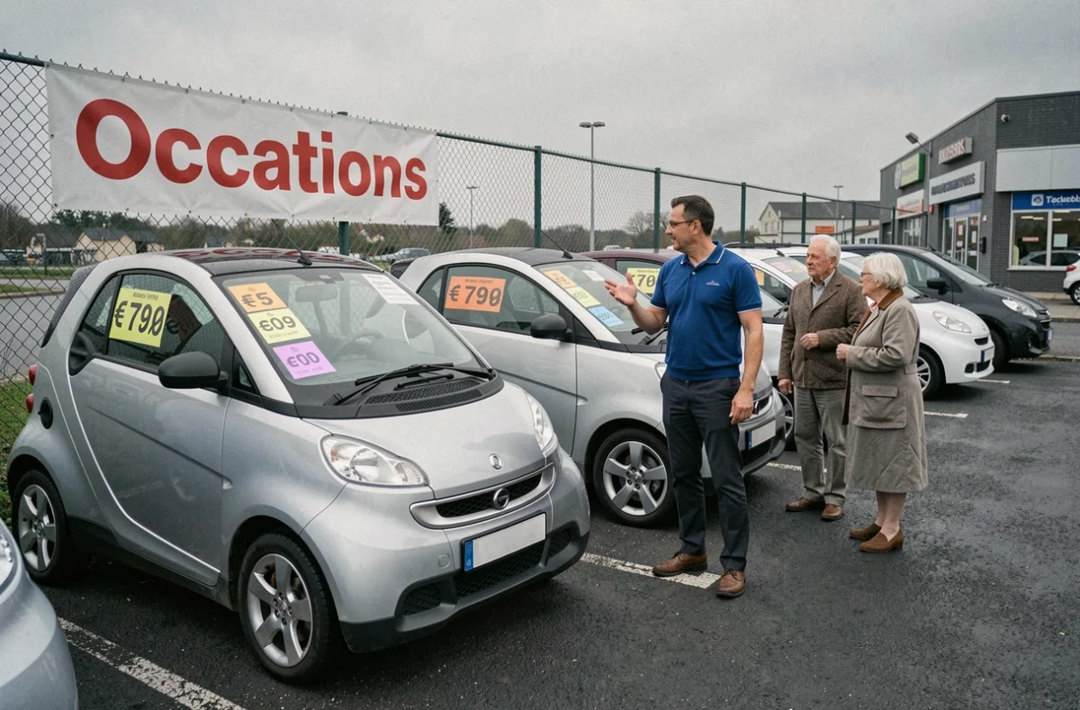 Rangée de voitures sans permis d'occasion exposées dans un lot de vente avec des prix affichés