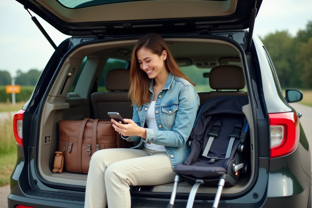 Maman vérifiant ses affaires dans le coffre de l SUV