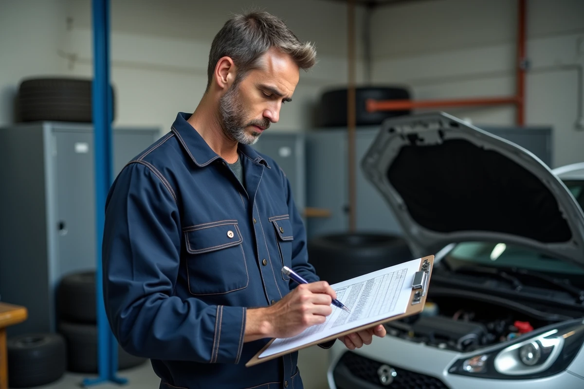 Mécanicien consultant le classement Crit'Air d'un véhicule dans un garage automobile avec documents officiels
