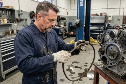 Mécanicien professionnel tenant une courroie de distribution usée dans un atelier de réparation automobile