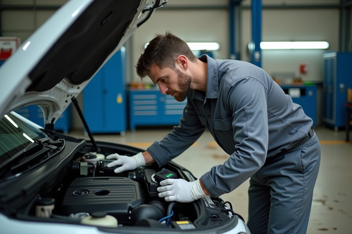 Mécanicien automobile diagnostiquant une panne avec un scanner OBD dans un garage professionnel