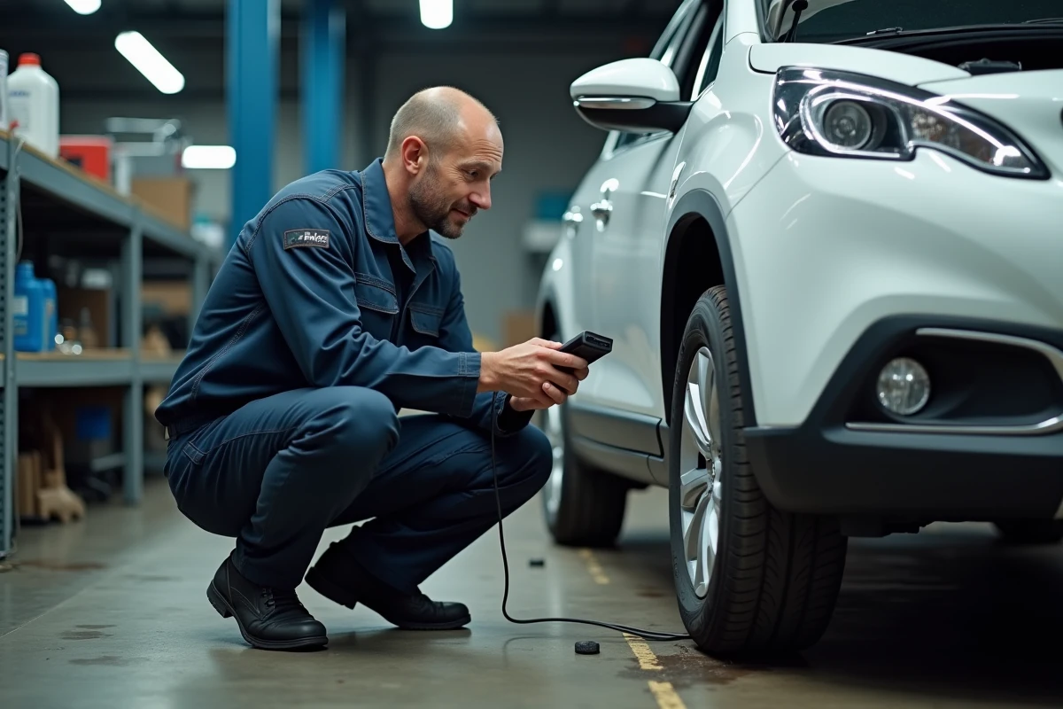 Mécanicien diagnostiquant un voyant orange sur une Peugeot 2008 à l'aide d'un scanner OBD dans un garage automobile