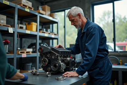Mécanicien homme examine un moteur diesel dans un atelier