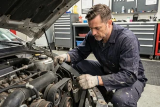 Mécanicien inspectant la courroie d'accessoire d'un moteur de voiture d'occasion dans un garage professionnel