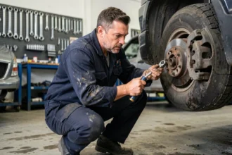 Mécanicien automobile utilisant une clé dynamométrique professionnelle dans un atelier équipé, illustrant l'impact des outils de qualité sur la productivité