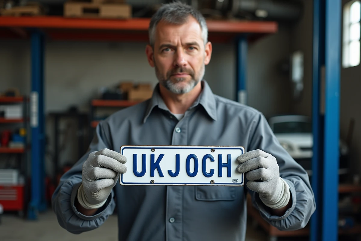 Mécanicien tenant une plaque d'immatriculation ukrainienne UA dans un garage automobile
