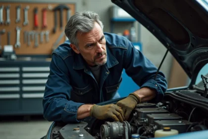 Mécanicien examinant un carburateur dans un atelier automobile, illustrant les risques d'un réglage moteur avec mélange pauvre