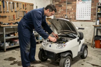 Mécanicien inspectant le moteur d'une voiture sans permis dans un atelier de réparation indépendant