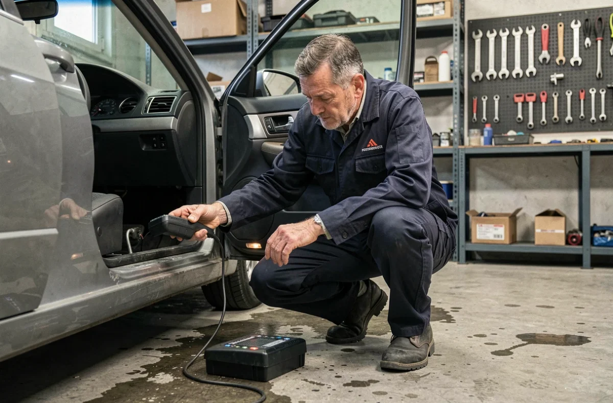 Mécanicien utilisant un scanner OBD pour récupérer le code autoradio d'un véhicule à partir du VIN en atelier