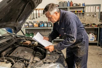 Mécanicien examinant le compartiment moteur d'une Renault Mégane 3 avec un schéma technique en main dans un garage