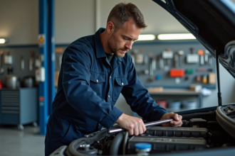 Mécanicien homme en overalls ajustant un moteur voiture