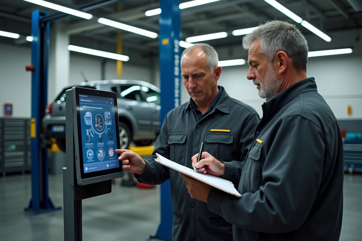 Deux mécaniciens d'un garage indépendant utilisant ensemble une interface numérique Dialogys pour rechercher des pièces de rechange