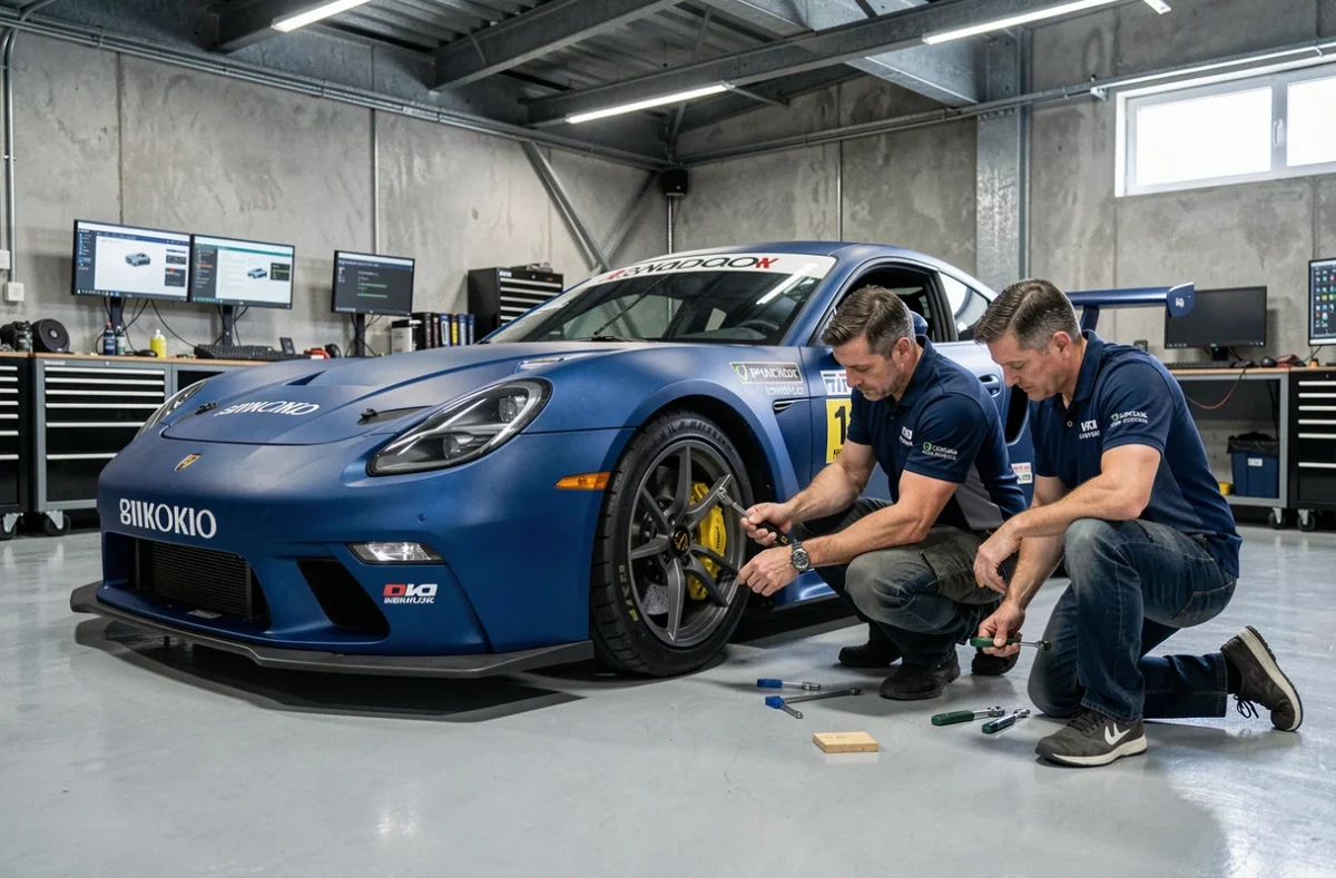 Mécaniciens inspectant une voiture de course GT bleue dans un garage de circuit professionnel